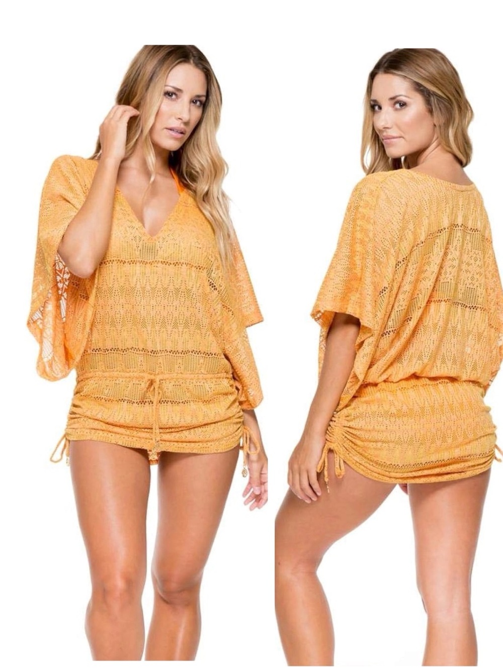 Luli Fama Obsession Cabana kimono sleeves dress, crochet knit, mustard yellow, M
